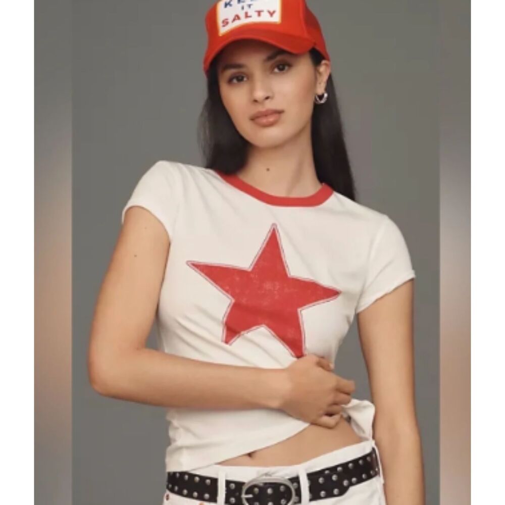 Anthropologie Star Short-Sleeve Ringer Red & White Crew-Neck Tee